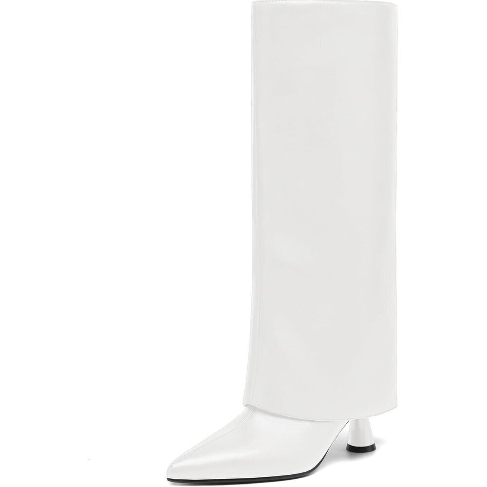 Women's White Knee High Fold Over Shark Slouchy Pointed Toe Faux Leather Boots